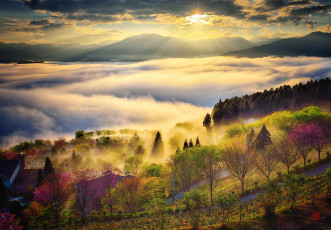 Картинка природа восходы закаты лучи солнце небо туман тайвань холмы облака свет горы