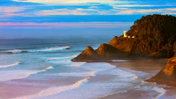 Картинка природа побережье скалы лес маяк закат тихий океан heceta head lighthouse вечер море волны орегон пляж сша