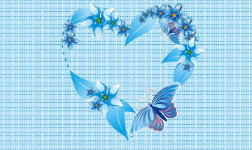 обоя векторная графика, сердечки, синий, цветы