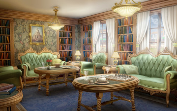 Картинка 3д+графика реализм+ realism свет окна книги книжный шкаф диван фужеры чай столик комната