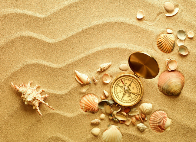 Обои картинки фото разное, ракушки,  кораллы,  декоративные и spa-камни, песок, компас
