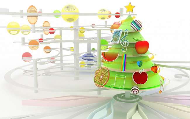 Обои картинки фото праздничные, векторная графика , новый год, яблоко, звезда, украшения, ёлка, фрукты, ноты, шары, колесо