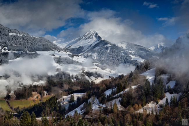 Обои картинки фото природа, горы, туман, облака, леса, зима, альпы