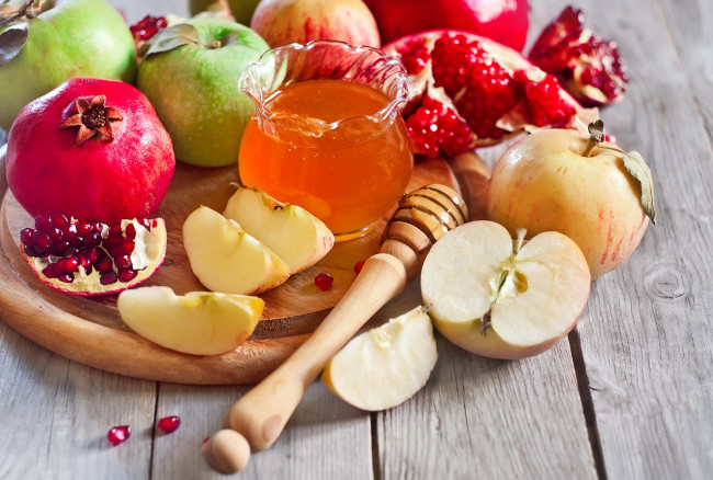 Обои картинки фото еда, фрукты,  ягоды, гранат, яблоки, мед