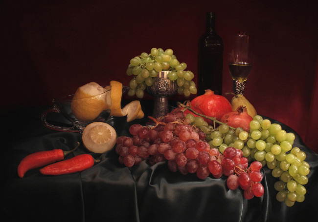 Обои картинки фото еда, натюрморт, виноград, лимон, перец