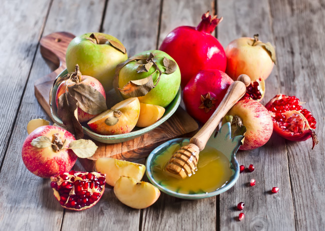 Обои картинки фото еда, фрукты,  ягоды, мед, гранат, яблоки