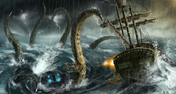 Картинка фэнтези существа кракен шторм дождь корабль