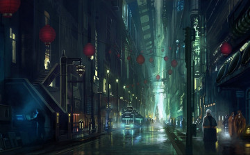 Картинка фэнтези иные+миры +иные+времена ночь свет улица небоскребы люди мегаполис фонари лестница