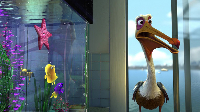 Обои картинки фото мультфильмы, finding nemo, аквариум, птица, окно, рыба