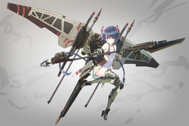 Обои картинки фото аниме, оружие,  техника,  технологии, girl, gun, spear, seifuku, japanese, anime, suit, rifle, blade, weapon, mecha