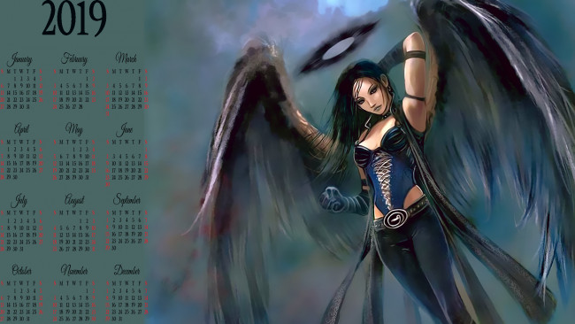 Обои картинки фото календари, фэнтези, крылья, девушка, женщина, calendar, 2019