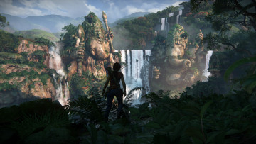 обоя видео игры, uncharted,  the lost legacy, девушка, оружие, джунгли, водопады, статуи, горы