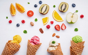 Картинка еда мороженое +десерты вафельные рожки орехи киви