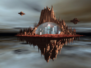 Картинка 3д графика fantasy фантазия остров дома купол