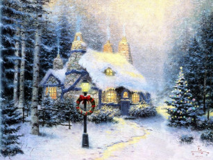 обоя thomas, kinkade, рисованные, домик, зима, рождество, ёлка