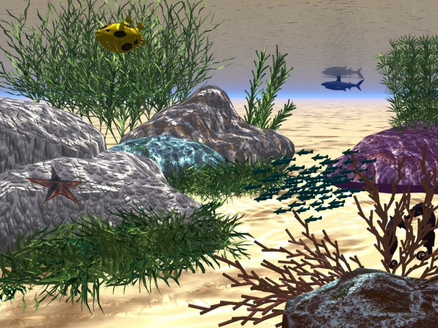 Обои картинки фото 3д, графика, sea, undersea, море, камни, рыбки, растения