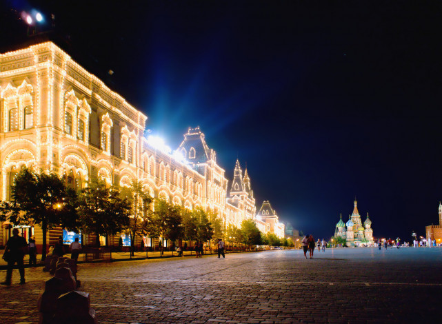 Обои картинки фото города, москва, россия, гум, красная, площадь, кремль, храм, василия, блаженного, ночь, освещение, иллюминация