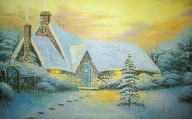 Обои картинки фото thomas, kinkade, рисованные, рождество, зима, ёлка, снег, дом