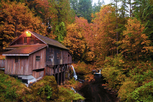 Обои картинки фото разное, мельницы, осень, река, деревья