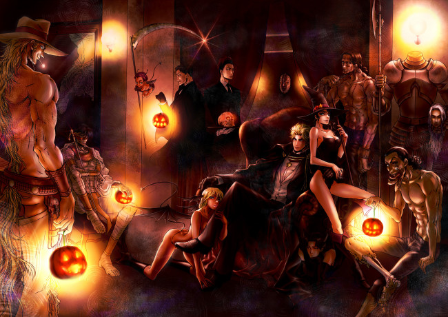 Обои картинки фото праздничные, хэллоуин, тыквы, кресло, монстры, коса, демон, доспех, мумия, шляпа, комната, череп