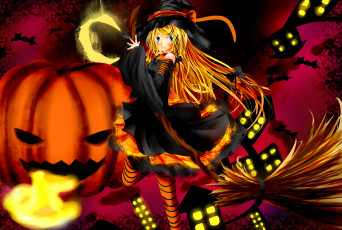 Картинка by kitamuraeri аниме halloween magic метла платье домики тыква шляпа огоньки летучая мышь девушка ведьма месяц