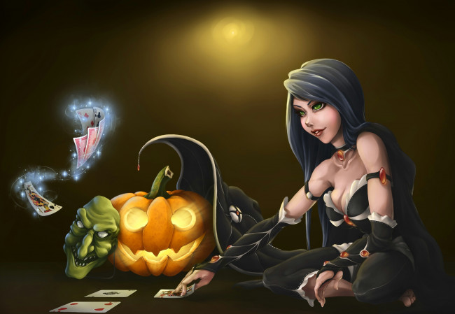 Обои картинки фото праздничные, хэллоуин, девушка, halloween, тыква, маска, карты, хеллоуин