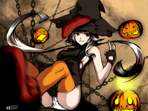 Картинка аниме -halloween+&+magic улыбка шляпа магия язык цепь тыква ведьма девушка