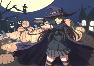 Картинка аниме -halloween+&+magic оружие плащ тыквы ночь летучая мышь сова луна замок пистолет девушка шляпа