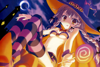 Картинка аниме naru+nanao halloween magic dengeki moeou ночь девушка конфета косы бант леденец месяц замок тыква шляпа