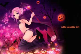 Картинка аниме -halloween+&+magic жезл плащ замок ночь девушка coffee kizoku крылья леденец летучая мышь звезды конфета тыква