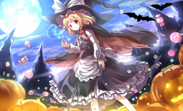 Картинка аниме touhou луна ночь сладости девушка halloween magic огни шляпа конфеты летучая мышь тыквы горы kirisame marisa