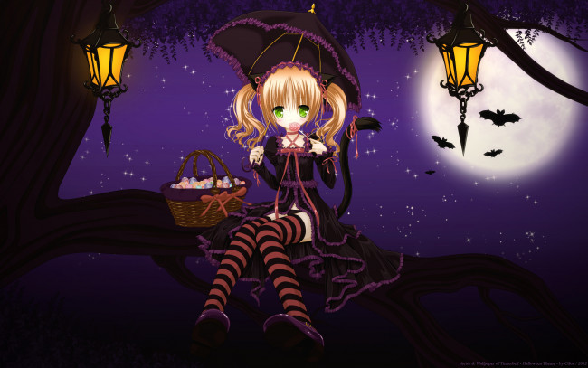 Обои картинки фото аниме, -halloween & magic, дерево, девушка, cilou, конфета, корзина, сладости, леденец, хвост, ушки, зонт, фонарь, летучая, мышь, звезды, луна, ночь, ветка