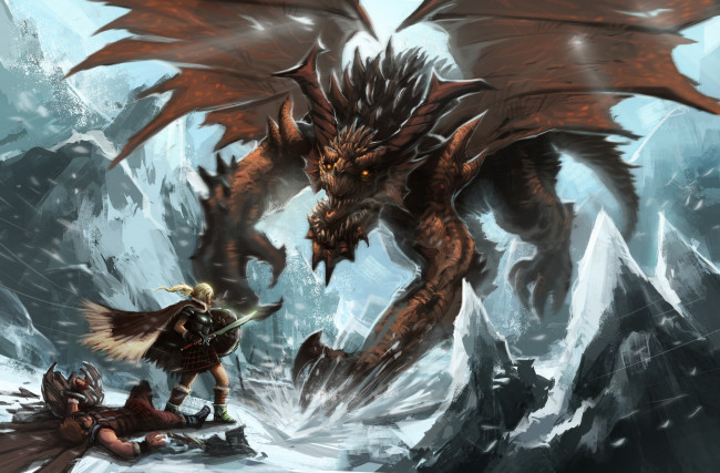 Обои картинки фото фэнтези, драконы, меч, схватка, горы, дракон, девушка, зима