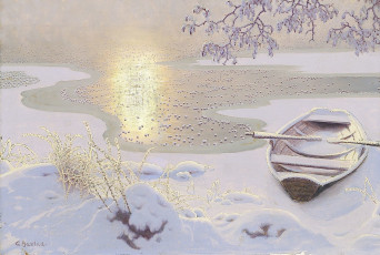 Картинка рисованное живопись вода солнце зима снег берег лодка лёд gustaf fjaestad