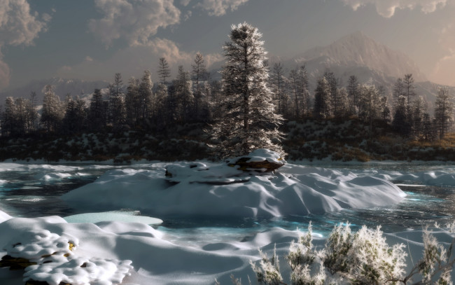 Обои картинки фото 3д графика, природа , nature, снег, деревья