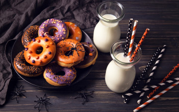 обоя праздничные, хэллоуин, milk, пончики, baking, sweet, halloween, глазурь, сладкое, молоко, выпечка