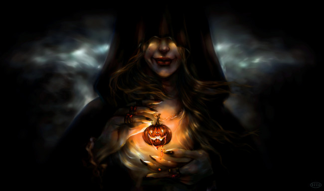 Обои картинки фото праздничные, хэллоуин, ведьма, девушка, тыква, halloween, лицо, улыбка, арт, капюшон, праздник, руки
