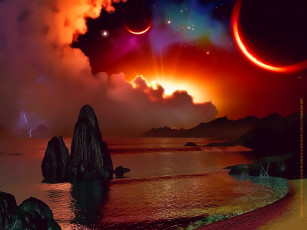 Картинка календари 3д-графика водоем камень планета ночь облако