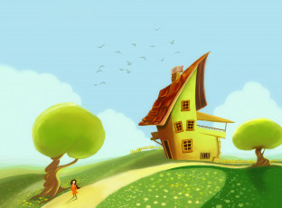 Картинка рисованное люди дом дорога девушка деревья