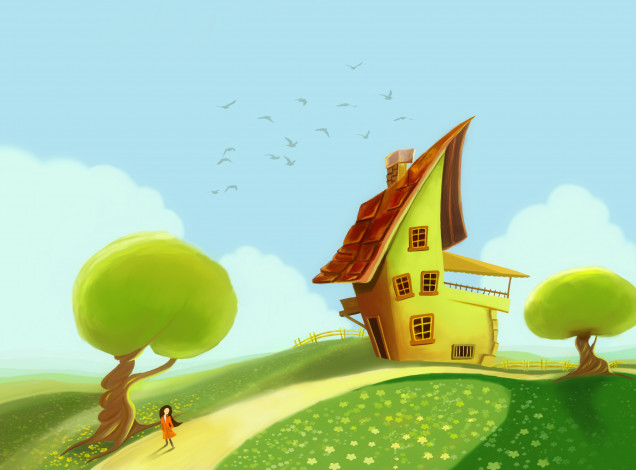 Обои картинки фото рисованное, люди, дом, дорога, девушка, деревья