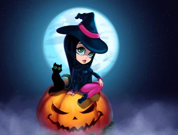 Обои картинки фото рисованное, праздники, ведьма, кот, тыква, луна, хэллоуин