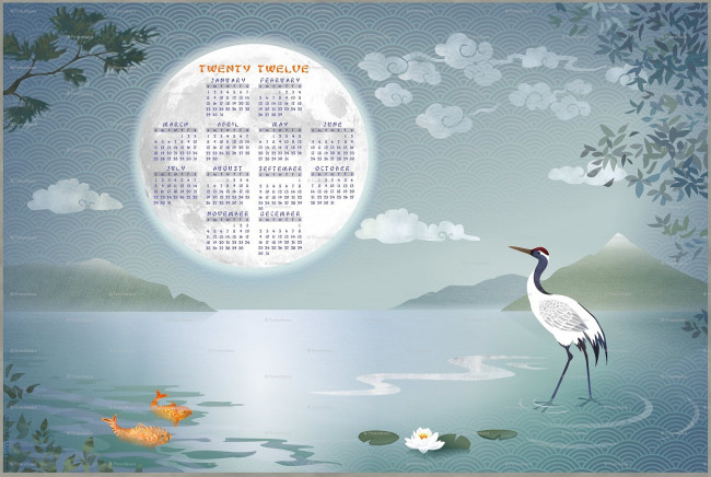 Обои картинки фото календари, рисованные, векторная, графика, рыба, озеро, лилии, цапля