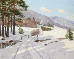 Картинка рисованные борис бессонов лес зима деревья снег горы перила мост река елки сосны сугробы колея сорока