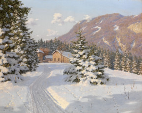 Картинка рисованные борис бессонов зима снег горы лес дом дорога елки