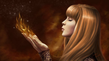 Картинка фэнтези маги девушка блондинка ладони огонь колдовство