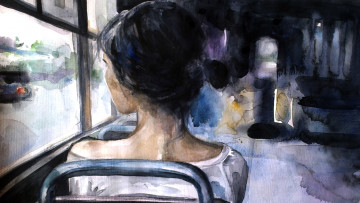 Картинка рисованные люди девушка автобус поездка окно