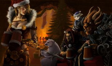Картинка heroes of new year праздничные рисованные герои ёлка очаг медведь