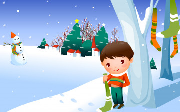 Картинка праздничные векторная графика новый год мальчик носки дерево снег ёлки дома снеговик