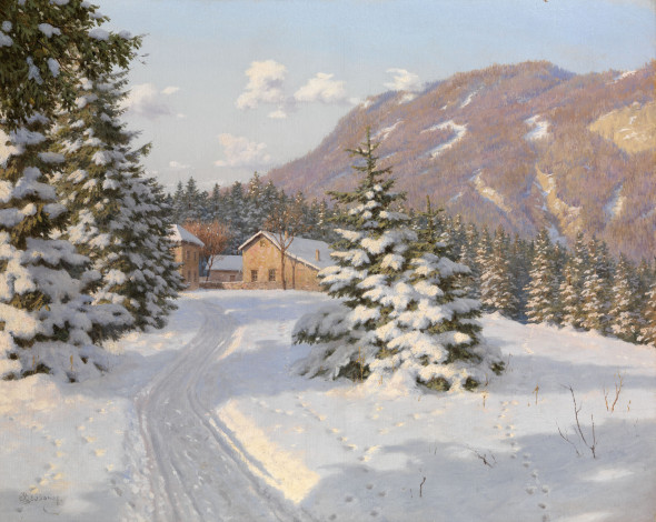 Обои картинки фото рисованные, борис, бессонов, зима, снег, горы, лес, дом, дорога, елки