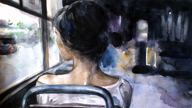 Обои картинки фото рисованные, люди, девушка, автобус, поездка, окно
